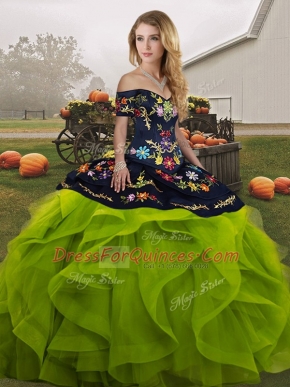Embroidery and Ruffles Quinceanera Gown Yellow Green Lace Up Sleeveless Floor Length