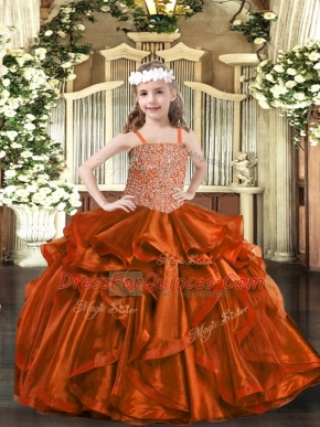 Beautiful Floor Length Rust Red Child Pageant Dress Straps Sleeveless Lace Up