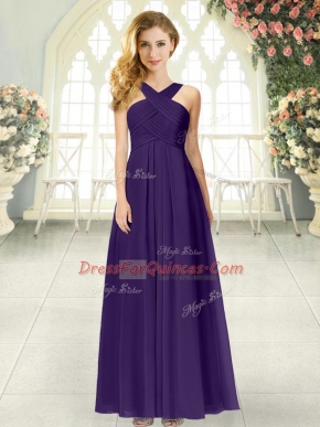 Best Straps Sleeveless Floor Length Ruching Purple Chiffon