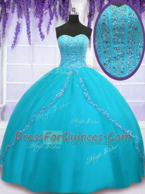 Aqua Blue Sweetheart Backless Beading and Sequins Quince Ball Gowns Sleeveless