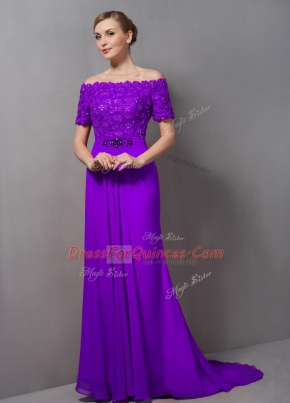 Eggplant Purple Short Sleeves Lace Zipper Prom Dress