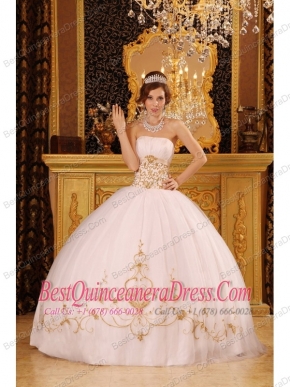 Baby Pink Ball Gown Strapless Floor-length Satin and Organza Appliques Quinceanera Dress