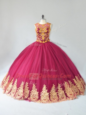 Dramatic Burgundy Tulle Lace Up Vestidos de Quinceanera Sleeveless Floor Length Appliques