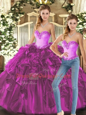 Lovely Sweetheart Sleeveless Sweet 16 Dress Floor Length Ruffles Fuchsia Organza