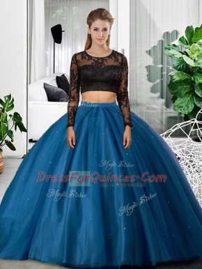 Dramatic Blue Backless Quince Ball Gowns Lace and Ruching Long Sleeves Floor Length