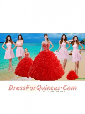 2015 Ruffled Red Quinceanera Dress and Baby Pink Strapless Prom Dresses and Halter Top Beaded Little Girl Dress