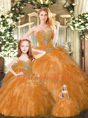 Rust Red Lace Up Sweet 16 Quinceanera Dress Beading and Ruffles Sleeveless Floor Length