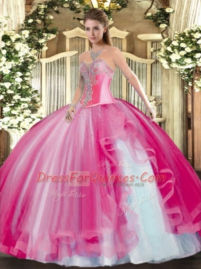 Super Hot Pink Ball Gowns Beading and Ruffles Sweet 16 Quinceanera Dress Lace Up Tulle Sleeveless Floor Length