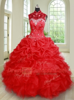 See Through Floor Length Red Sweet 16 Dresses Organza Sleeveless Beading and Ruffles and Pick Ups