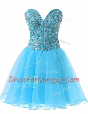 Beading Prom Dress Baby Blue Lace Up Sleeveless Knee Length