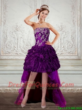 Dark Purple Strapless Sexy Prom Dresses with Embroidery and Ruffles
