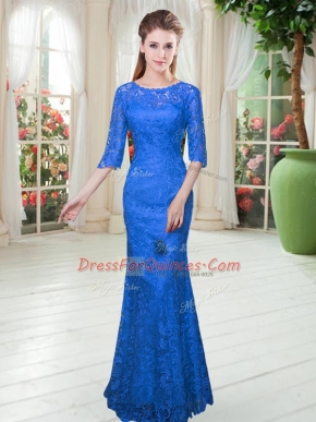 Royal Blue Scoop Neckline Lace Dress for Prom Half Sleeves Zipper