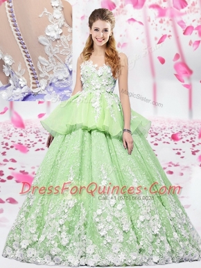 Glamorous Yellow Green Ball Gowns Scoop Sleeveless Organza and Tulle Floor Length Lace Up Lace and Appliques Quinceanera Dresses
