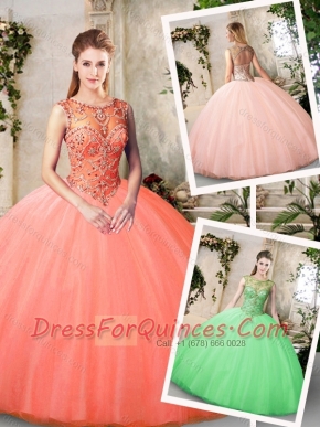 2016 Inexpensive Bateau and Beading Quinceanera Dresses