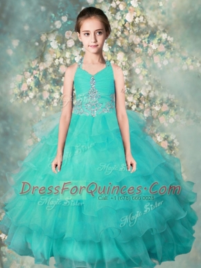 Best Turquoise Kids Formal Wear Party and Wedding Party and For with Beading and Ruffled Layers Halter Top Sleeveless Zipper