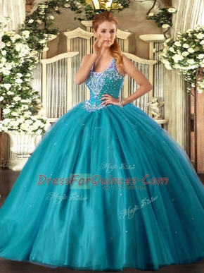 Extravagant Teal Lace Up Straps Beading Quinceanera Dresses Tulle Sleeveless