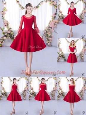 Red A-line Satin Scoop 3 4 Length Sleeve Ruching Knee Length Zipper Vestidos de Damas