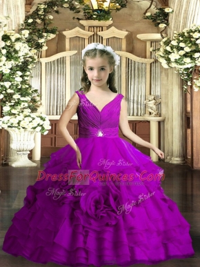 V-neck Sleeveless Little Girls Pageant Dress Wholesale Floor Length Beading and Ruching Purple Organza