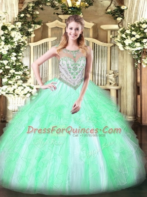 Pretty Tulle Sleeveless Floor Length 15th Birthday Dress and Beading and Ruffles