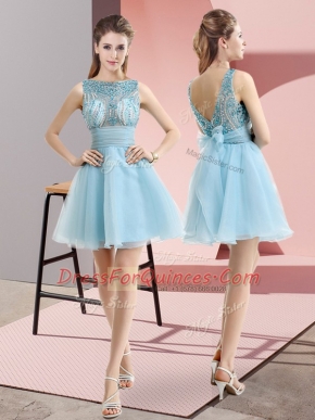 Mini Length A-line Sleeveless Aqua Blue Evening Dress Backless