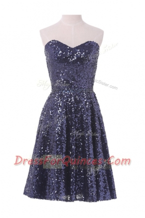 Navy Blue Sleeveless Knee Length Sequins Lace Up Prom Dress