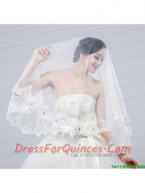 2014 Two-Tier Tulle Lace Appliques Edge Bridal Veils