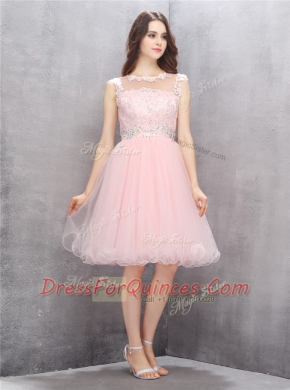 Scoop Pink Sleeveless Knee Length Beading and Appliques Zipper Prom Dresses