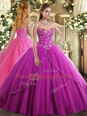 Flare Sweetheart Sleeveless Quince Ball Gowns Brush Train Appliques and Embroidery Fuchsia Tulle