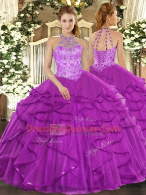 Purple Sleeveless Floor Length Beading and Ruffles Lace Up Quinceanera Gowns