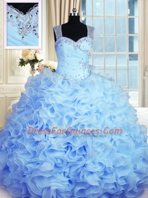 Baby Blue Ball Gowns Organza Straps Sleeveless Beading and Ruffles Floor Length Zipper Sweet 16 Quinceanera Dress