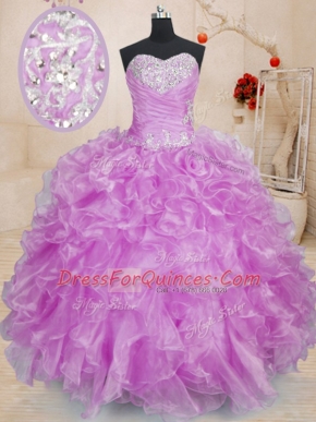 Organza Sweetheart Sleeveless Lace Up Beading and Ruffles Quince Ball Gowns in Lilac