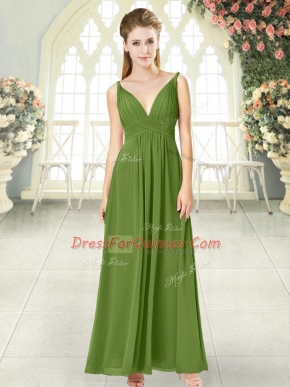 Olive Green Sleeveless Ankle Length Ruching Backless