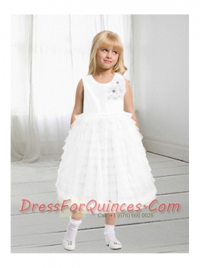 Formal A-Line  Hand Made Flowers Tea-length Flower Girl Dress with Scoop