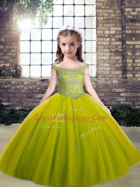 Classical Scoop Sleeveless Girls Pageant Dresses Floor Length Beading and Appliques Olive Green Tulle