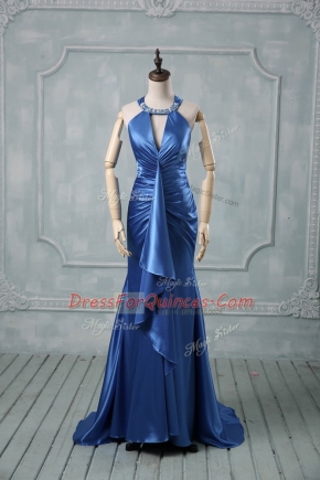 Mermaid Sleeveless Blue Prom Party Dress Brush Train Criss Cross