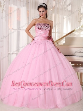 Baby Pink Ball Gown Strapless Floor-length Tulle Beading and Ruch Quinceanera Dress