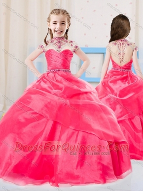 Sweet Ball Gown High Neck Organza Coral Red Mini Quinceanera Dress with Beading