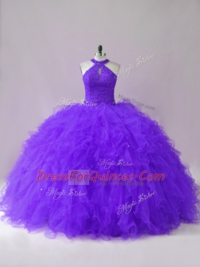 Purple Sleeveless Beading and Ruffles Floor Length Sweet 16 Dresses