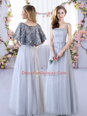 Modest Floor Length Grey Quinceanera Court Dresses Tulle Sleeveless Appliques