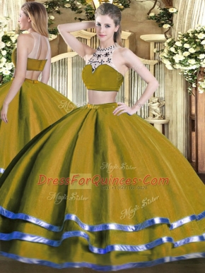Unique Olive Green Backless High-neck Beading 15th Birthday Dress Tulle Sleeveless