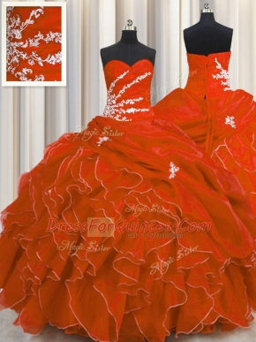 Hot Selling Floor Length Red Quinceanera Gown Organza Sleeveless Beading and Appliques and Ruffles
