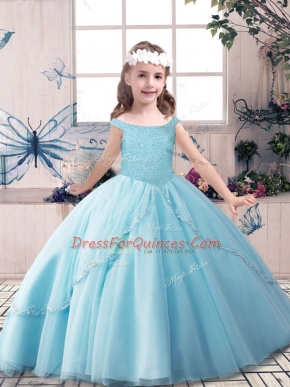 Blue Ball Gowns Off The Shoulder Sleeveless Tulle Floor Length Lace Up Beading Little Girl Pageant Gowns