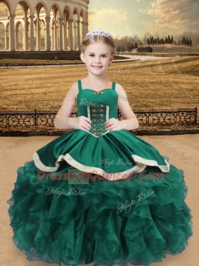 Floor Length Lace Up Pageant Gowns For Girls Turquoise for Sweet 16 and Quinceanera with Beading and Ruffles