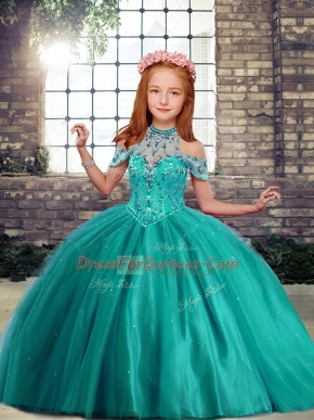 Fashionable High-neck Sleeveless Little Girl Pageant Dress Floor Length Beading Turquoise Tulle