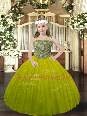 Glorious Olive Green Sleeveless Floor Length Beading Lace Up Pageant Gowns For Girls