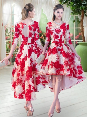 White And Red Lace Up Scoop Belt Prom Gown Lace Half Sleeves