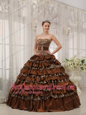Brown Ball Gown Sweetheart Floor-length Taffeta and Zebra or Leopard Ruffles Quinceanera Dress