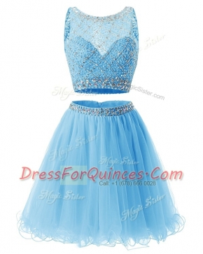 Stunning Sleeveless Mini Length Beading and Belt Side Zipper Prom Dress with Baby Blue