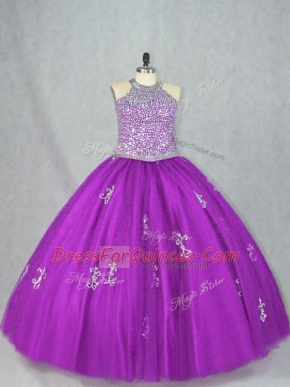High Quality Sleeveless Tulle Floor Length Lace Up Sweet 16 Quinceanera Dress in Purple with Beading and Appliques