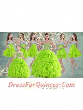 Visible Boning Yellow Green Quinceanera Gown and Sequined Short  Dama Dresses and Beaded and Ruffled Mini Quinceanera Dress